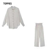 2021 Women Two Piece Set Casual Shirt Office Lady Long Sleeve Blouse Chic Elastic Waist Summer Long Trousers