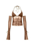 Halter Tie Mesh Patch Top-Outfit