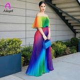 Shoulder Rainbow Color Elegant Women Dress Chiffon Summer Maxi Dress A-line Floor Length Femme Pleated Dress 2019