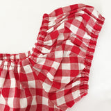 Women Shirt Cotton Short Sleeve Red Plaid Polka Dot Print Clothings Party 50s 60s Retro Vintage Kawaii Checkered
