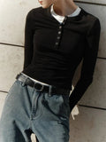 Buttoned Long Sleeve Solid Top- Outfit