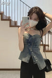 Denim Slim Waist Button Irregular Tanks Vintage Tops Sexy Tube Skinny Women Backless Shoulder Strapless