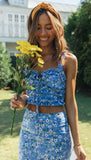 Queens Women Two Piece Floral Print Outfits Sleeveless Tie Neck Tops Bohemian Maxi Skirts 2 Pieces Boho