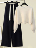 Winter Knitted Two Piece Set Women Casual Pullover Long Sleeve Knitting Sweater And Wide Leg Pants Sets For Women