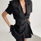 Open Back Short Sleeve Summer Blazer Women 2022 Tunics Korean Fashion Single Button Blazer Jacket Coat