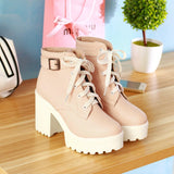 Autumn Fashion Women Boots Square High Heels Platform Buckle Lace Up Pu Short Booties Winter Ladies Shoes 2021