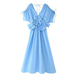 Women's Clothing Explosion Blue V-Neck Belt Three-Dimensional Flower Bow Holiday