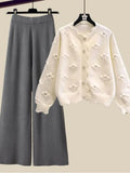 Winter Knit Sets Womens Outfits Korean Sweet Floral Knitted Cardigan And Wide Leg Pants Sets Ladies Elegant Knitting