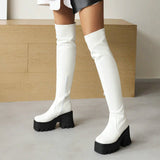 Black White Platform Women Over The Knee Boots Chunky High Heel Thigh Boots Round Toe Zipper Autumn Winter Woman's