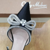 Onlymaker Women Pointed Toe Elegant Sandals Crystal Butterfly-knot Ankle Strap Buckle Thin High Heels Wedding Party Dress