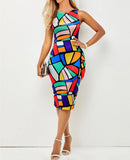 Fashion Vintage Polka Dot Plaid Print Splicing Bodycon Dress Sleeveless Office Elegant Sheath Evening Party Dresses