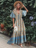 Queens Women Floral Print Batwing Sleeve Beach Bohemian Maxi Dresses Ladies V-neck Tassel Summer Boho Dress