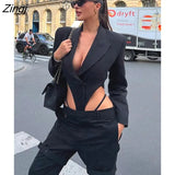 Fall Black Blazers Bodysuit For Women Sexy One Piece Party Rave Outfits 2022 Backless Long Sleeve Bodycon Jumpsuit
