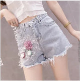 Styles Embroidery Ripped Denim Shorts 3D Floral High Waist Jeans Short Femme 2023 New Frayed Hole Shorts Women Summer