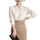 Spring V-neck Womens Tops Long Sleeve Chiffon Blouse Summer New White Female Korean Tops Wild Loose Office Lady