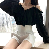 Sexy Off Shoulder Blouses Women Ruffles Solid Slash Neck Chiffon Shirts Office Lady Korean Flare Long Sleeve Casual
