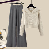 Winter Thick Knit Two Piece Sets Women Outfits Ladies Elegant Twist Knitted Sweater And Wide Leg Pant Sets Women