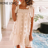 Women Spaghetti Strap Swiss Dot Frill Hem Ruched Tied Strap Dress Casual Dress Elegant Fashion Chic