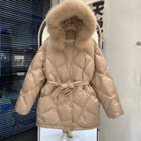 New Real Natural Fox Fur Hooded Winter Coat Belts Women 90% White Duck Down Jacket Thickened Warmth Waterproof