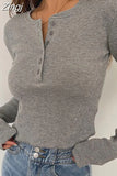 Solid Ribbed Basic Tees Shirts Long Sleeve Ruched Casual T-Shirts Women Knitted Buttons Up O Neck Slim Fit Tops