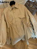 Spring Autumn Oversized Khaki Shirt Trench Coat for Women Drawstring Runway Designer Casual Loose Fashion 2023 One