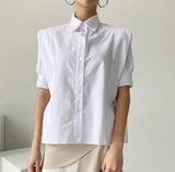Designer White Button Up Collared Shirt For Women Short Sleeve Korean Fashion Ladies Top And Blouses Summer