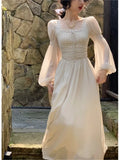 Women Casual Print Elegant Square Collar Midi Dress Vintage Female Long Sleeve Lace Holiday Beach Dress Slim Evening Party