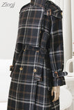 Autumn Winter Long Loose Warm Plaid Wool Blends Trench Coat for Women Raglan Sleeve Belt Double Breasted Woolen
