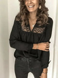 Women Chiffon V-Neck Blouse Summer Autumn Casual Long Sleeve Lace Solid Tops Loose Elegant Chic Bluses Shirts Plus