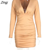 2021 Spring New Deep V Neck Ruched Dress Women Sexy Long Sleeve High Elastic Bodycon Party Clubwear Solid Vestidos