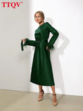 Elegant Feathers Full Sleeve Green Dresses For Women 2022 Autumn O-neck Lace-up Midi Dress Fashion Solid Satin Loose
