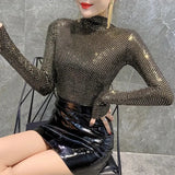 Shinny Sequin T Shirt Women Sexy Turtleneck Long Sleeve Slim Skinny Tops Fashion All Match Basic Elastic Bottoming