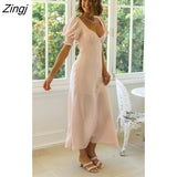 Backless Cross-Tie Dress Women Summer Dress 2022 New Cotton Solid V-Neck Short Puff Sleeves Lace-up Slim A-line Long