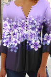 Floral Print Summer Blouse Women Elegant Simple Shirt V Neck Button 3/4 Length Sleeve Casual Holiday Basic Tops