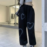 Pure Cotton Sweatpants Women Heart Print Joggers Hip Hop Streetwear Oversized Wide Leg Pants Harajuku Korean Trousers