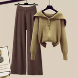 Winter Knit Two Piece Sets Womens Outfits Ladies Casual Sailor Collar Knitted Sweater And Wide Leg Pants Sets Koeran