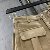 2022 Spring New Arrival High Waist Cargo Short Pants Loose Pockets Wide Peg Pu Shorts Casual Women