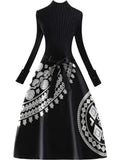 Ladies Elegant Luxury Dresses 2023 Fall Winter Warm Knitted Patchwork Embroidery Dresses Women High Waist A-line