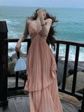 New Fashion Women Sexy Pleated Boho Long Dress Vacation Beach Strap A line Ladies Robe 2023