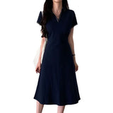 Zingj Chic Summer French Retro POLO Collar Color Trim Waist Show Thin Short Sleeve A-Line Dress Woman-Outfit