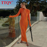 Fashion Orange Women'S Dress 2022 Bodycon O-Neck Long Sleeve Maxi Dress Ladies Elegant Slim Classic Pleated Party