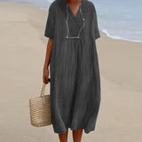 V-neck Short Sleeve Pleated Long Dress Simple Solid Color Loose Women Dress 2023 Summer Beach Cotton Linen Dress