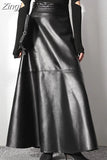 Autumn Long Black A Line Soft Faux Leather Skirt Women High Waist Blue Stylish Maxi Skirts Korean Fashion Clothing