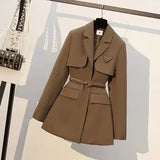 Women Clothing Autumn Winter Office Ladies Elegant Solid Jacket Women Long Sleeve High Waist Metal Belt Blazer