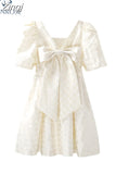 Summer Women's Clothes Mini Princess Dress Kawaii Elegant Bow Puff Sleeve V-Neck Party Dresses Sweet Mori Girl A-line