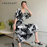 Gothic Backless Long Dress Women Black Print V Neck Lace Up Summer Tunics Ladies Midi Dress 2021 Fashion