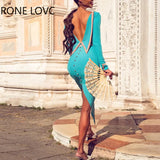 Women Solid Elegant Long Sleeves Backless Beaded Detail Silt Design Bodycon Sexy Formal Party