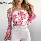 Women Elegant Flare Sleeves Slash Collar All Over Print with Floral Women Sexy Blouse