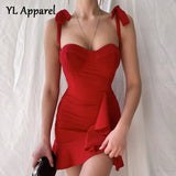Summer Lace Up Bodycon Backless Ruffles Mini Party Dresses Women's 2022 Sexy Girl Sleeveless Black Red Evening