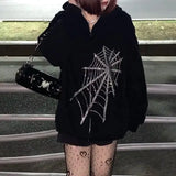 Street Retro American Rhinestone Hot Rhinestone Cross Jacket Black And White Cardigan Hooded Sweater Women's Pants Set